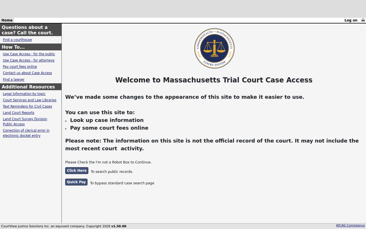 Canton resident lookup MassCourts public access landing screen